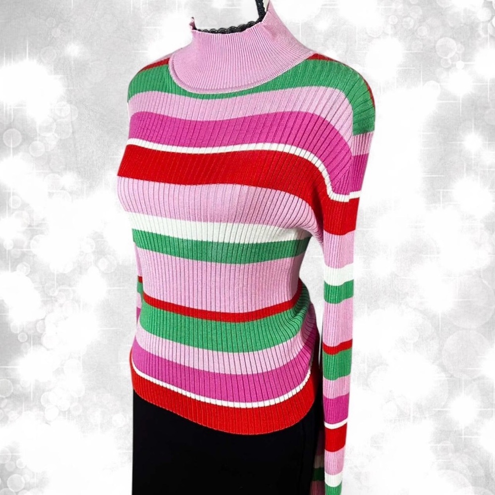 Y2K 90s Aesthetic Barbiecore Long Sleeve Turtle Neck Striped Top - Picture 2 of 7